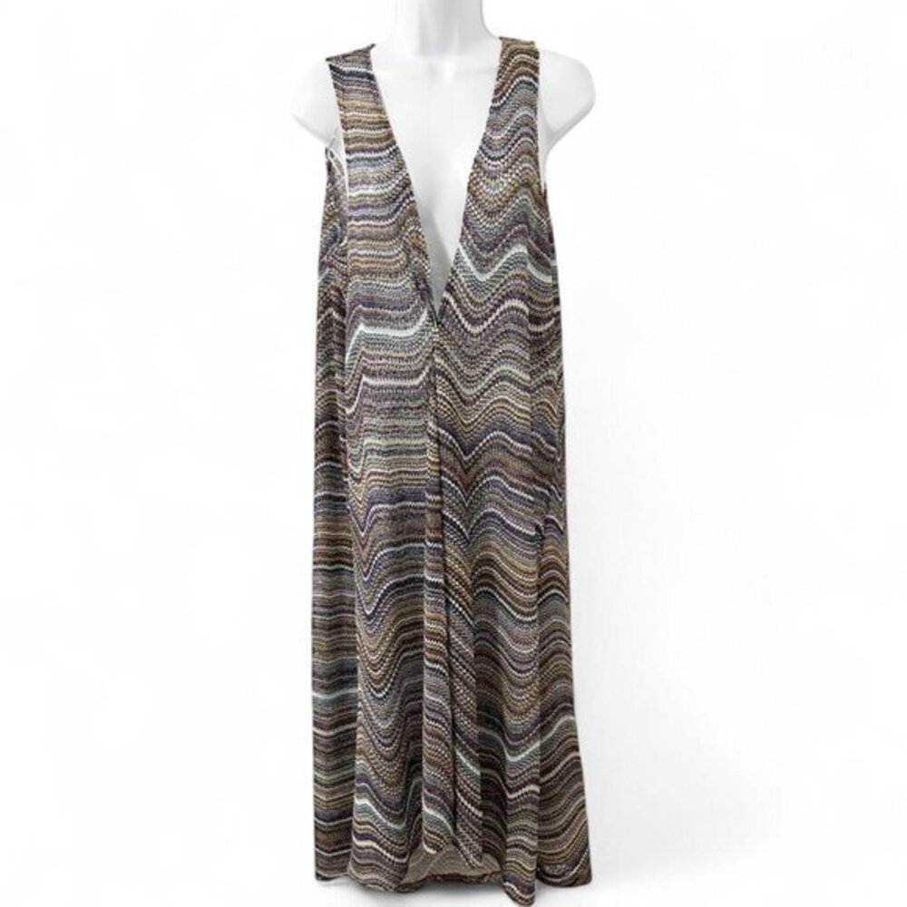 Women’s Long Maxi Duster Top Chevron print long sleeveless boho chic 70s hippie